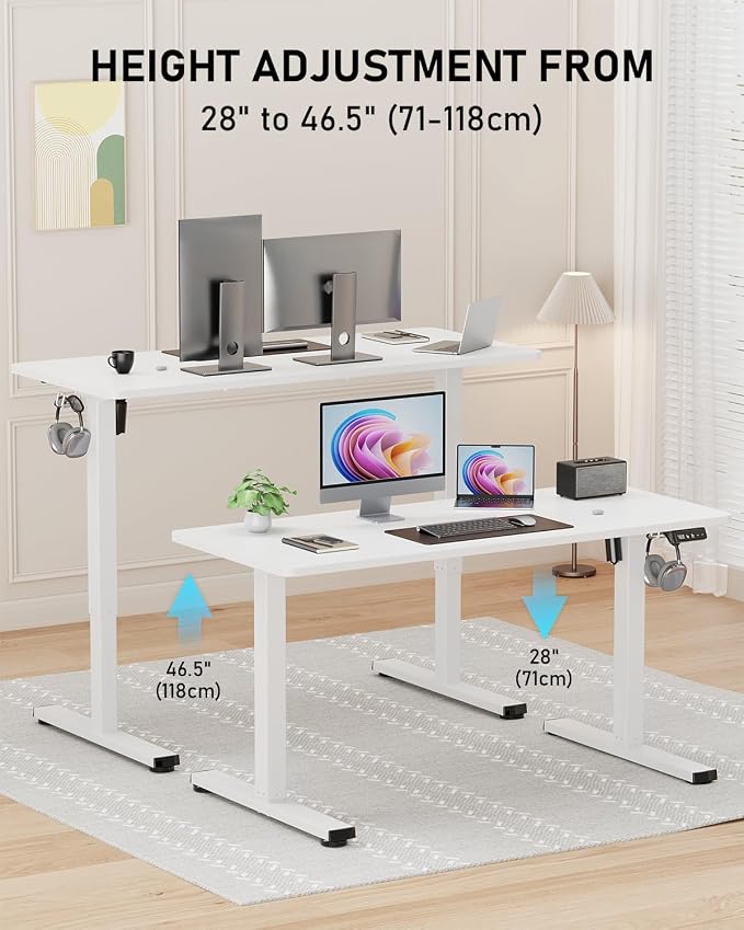 48" Electric Standing Desk Adjustable Height, Sit Stand up Desk for Home Office & Computer Workstation, 2 Memory Height Settings, Splice Board, 2 Hooks, White Frame/White Top