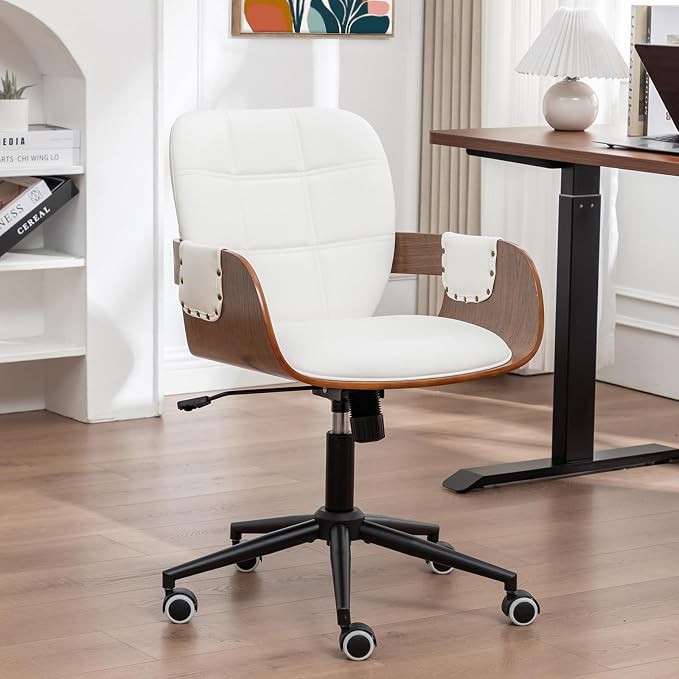 Mid Century Modern Executive Office Chair, Faux Leather Desk Chair, Walnut | Ergonomic Curved Back, Bentwood Frame, 360° Swivel & Rocking Function, Height Adjustable 19"-23", Support Up to 350 lbs