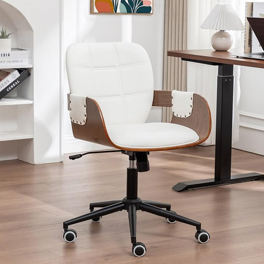 Mid Century Modern Executive Office Chair, Faux Leather Desk Chair, Walnut | Ergonomic Curved Back, Bentwood Frame, 360° Swivel & Rocking Function, Height Adjustable 19"-23", Support Up to 350 lbs
