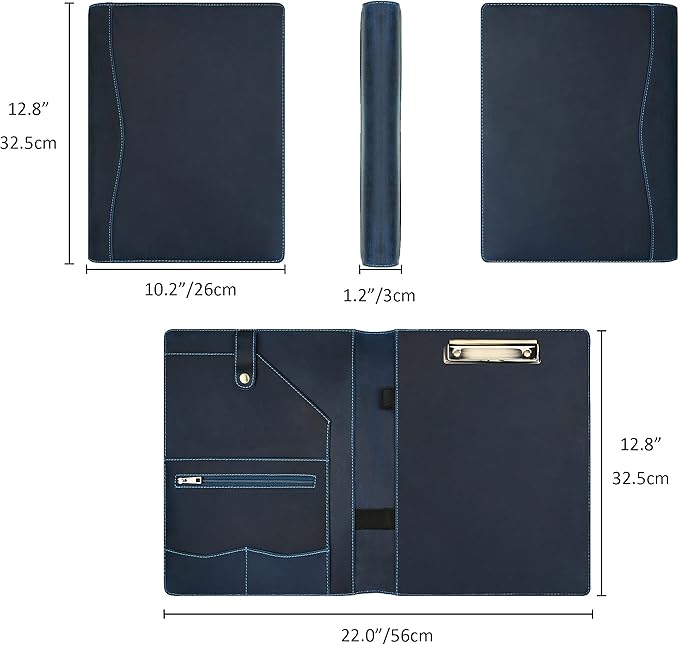 DUKE&COW Personalized Leather Portfolio for Men, Engraved Clipboard Portfolio Binder, Custom Leather Resume Padfolio for Women for His/Her (Clipboard, Blue)