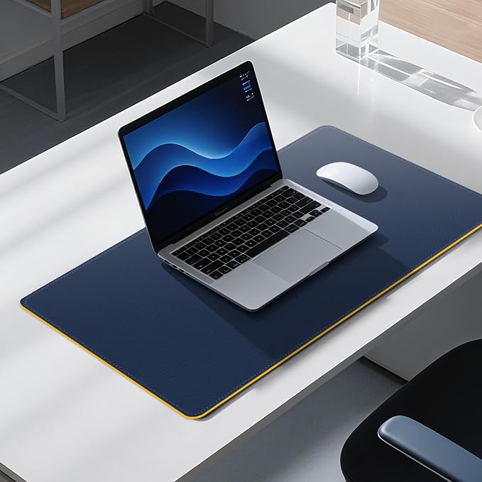 Dual Sided Leather Desk Mat - Waterproof Desk Pad - Ideal for Large Mouse Pad and Desk Mats on Top of Desks (Dark Blue, 25"*13")