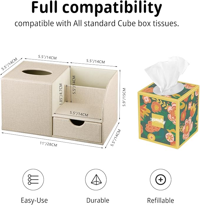 Nightstand Organizer with Tissue Holder,PU Leather Square Tissue Box Cover | Modern Facial Paper Organizer Storage Box for TV Remote Control,Bathroom,Vanity Countertop,End Table,Home and Office Decor