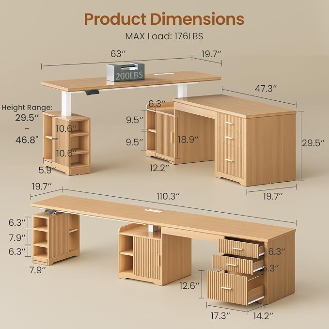SEDETA Fluted L Shaped Electric Standing Desk, 63" x 67" Height Adjustable Home Office Executive Desk with Drawers and Shelves, Two Person Desk with Power Outlet for Home Office, Oak