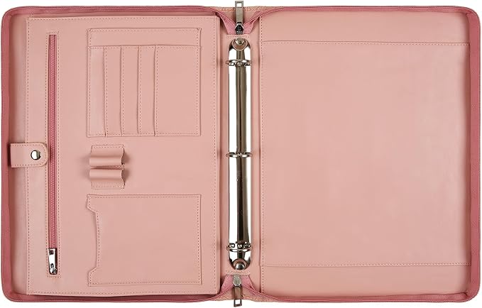 Vegan Leather Padfolio Binder, Personalized 3 Ring Binder for Women, Pink Leather, Handmade Portfolio Organizer, Engraved Resume Folder (Pink Pattern, Custom)