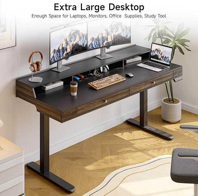 ONBRILL Modern Standing Desk with Storage, 63x23.6 Inch Electric Adjustable Height Desk with 2 Drawers, 3 Open Storage Zones, Black