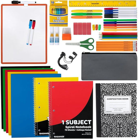 Trail maker Back to School Supplies 60 Piece Bundle Kit for Girls, Boys, Kids, Back to School Supply Box Set Includes Notebooks, Folders, Composition Book, Headphones, Ruler, and More