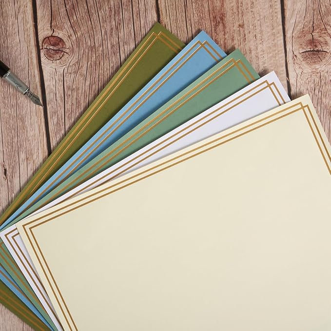 60 Pack Stationery Set Paper with Gold Border, 8.5x11 Inch Paper Sheets for Writing Letters, Letter Size Writing Paper (Sage-Green, 8.5x11 inches)