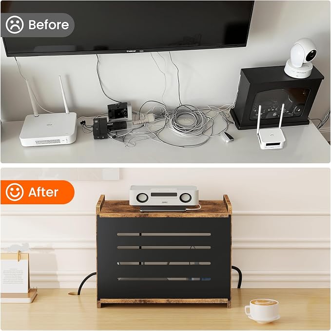 Router Shelf, Wood Wifi Box Hider, Projector Shelf Stand, Router Modem Storage Box Power Strip Cable Management Hider Rack, Routers Cover Organizer for Office Home, Rustic Brown
