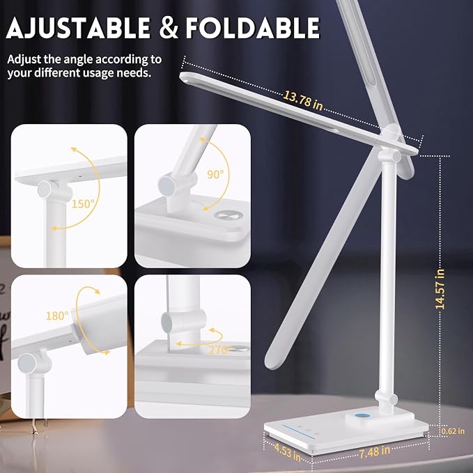 LED Desk Lamp for Home Office, USB Charging Port, Reading Desk Light with 5 Color Temperatures, Stepless Dimming, Table Lamp with Timer, Night Light, Foldable Desk Lamp for College Dorm Room (White)