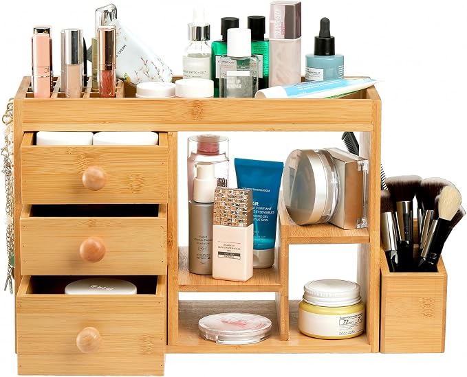 Elsjoy Large Countertop Bamboo Makeup Organizer with 3 Drawers, 12-Grid Lipstick Holder, Jewelry Hanging Hooks, Makeup Brush Holder, Desktop Wood Cosmetic Organizer Stand for Vanity