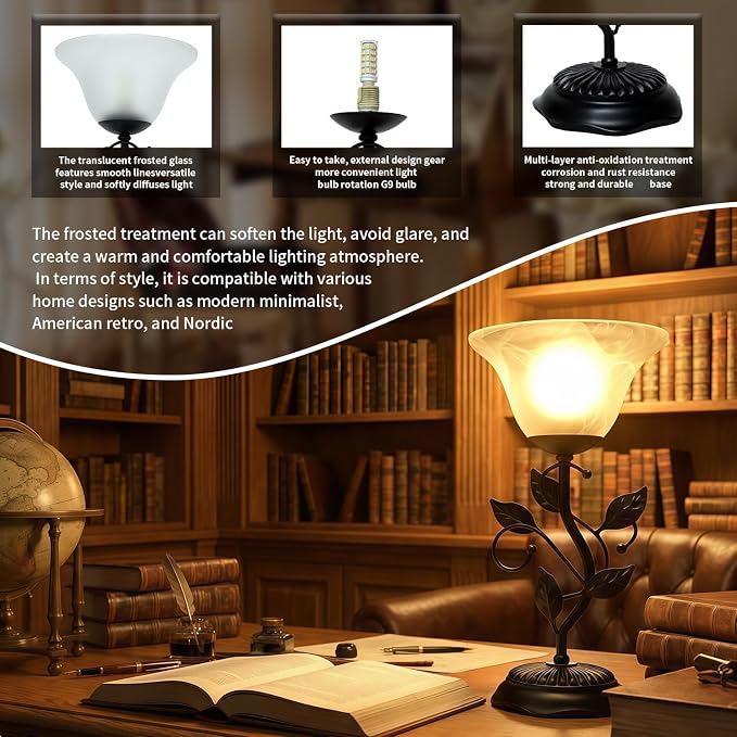 Vintage Table Lamp, Metal Leaf Black Base Decor Lamp, 7.28×7.28×14.29 inch LED Floral Desk Light, With frosted Glass Shade, One-Button Switch for Bedroom, Living Room, Nightstand, LED Bulb Included