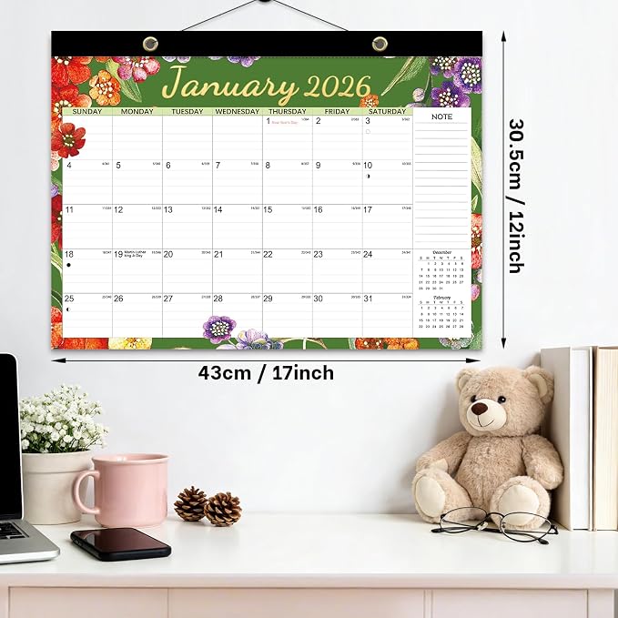 AECCN Desk Calendar 2026-2027, 18 Months Until June 2027 with Stickers, 17x12 Inch Ample Space, Thick Paper, Desktop Calendar 2026-2027 for Home, Office, Student and Teacher Supplies- Flower