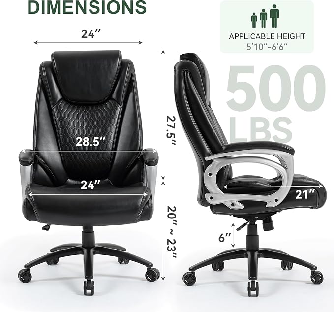 Vogue Furniture Direct Big and Tall Office Chair 500lbs, Heavy Duty High Back PU Leather Desk Chair, Adjustable Height Rolling Wheels Computer Chair for Home Office Work (Black)