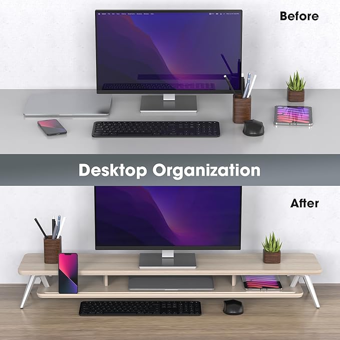Fenge Dual Monitor Stand Riser, Wooden Desk Shelf with 2-Tier Storage | 42.5-Inch Wide, Sturdy Aluminum Legs, Built-In Phone & Tablet Slot, Desktop Organizer for Office Accessories