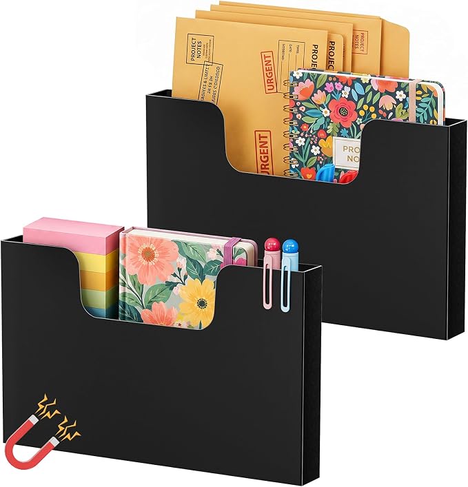 Marbrasse 2p Magnetic File Holder, Magnetic Hanging Wall File Organizer, Pocket Paper Magazine Mail Organizer for Refrigerator,Notebooks,Planners,Letter（Black）