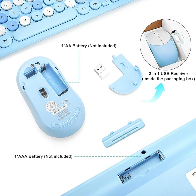 Wireless Keyboard and Mouse Combo, Retro Typewriter Keyboard with Round Keycaps, 2.4GHz USB Cute Wireless Keyboard Mouse for Computer, Desktop, Laptop (Blue Colorful)