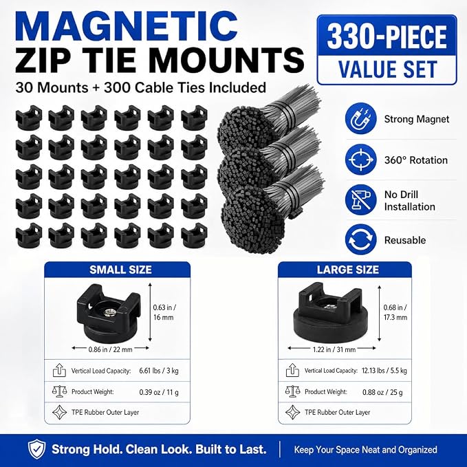 30 Pcs Magnetic Zip Tie Mounts with 300 Cable Ties Magnetic Cable Clips Magnet Cable Holder and Wire Holder for Cable Management Home Office Garage Marine Electrical Wiring (31mm)