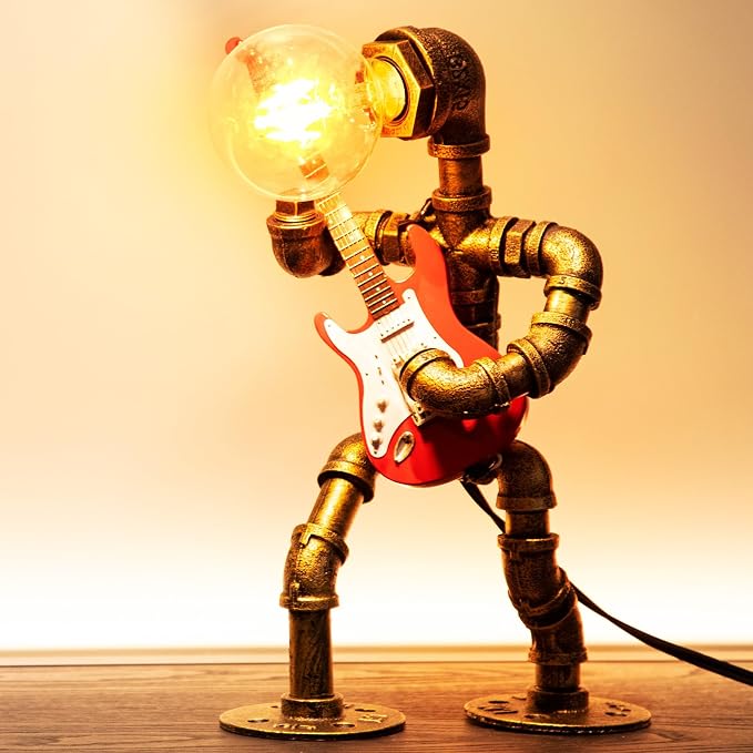 Music Guitar Table Lamp Art Decor ，Steampunk Table Lamp,Retro Guitars Steampunk lamp,Cool Industrial Metal Tube Robot Lamp Guitar Stuff Present for Men Music Lovers