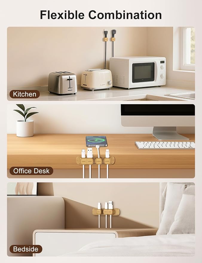 6 Pack Magnetic Cable Clips [1s Open/Lock], Laitver Cord Organizer Holder Strong Adhesive Desk Cable Management- Organize Charging Cords Neatly for Home, Office, Car,Desk, Nightstand-Milk Coffee