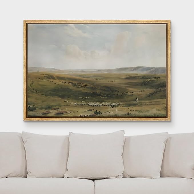 MUDECOR Framed Canvas Print Wall Art Tranquil Pastures Landscape Vintage Classic Illustrations Fine Art Decorative Zen Multicolor Country/Farmhouse Retro for Bedroom - 24"x36" Natural