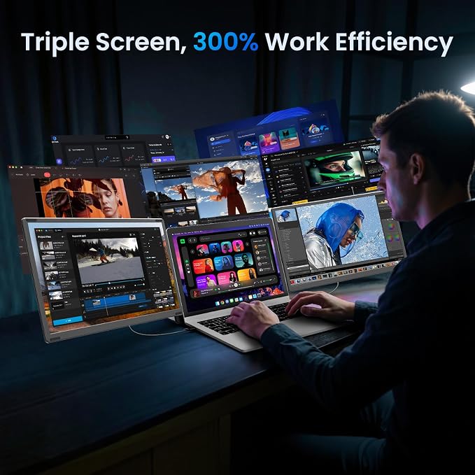 15.6" Laptop Screen Extender, 1080P FHD Laptop Monitor Extender, 235° Rotating Detachable Dual Monitor, Plug & Play Triple Screen for 13"-17.3" Laptops, Compatible with Mac/Windows/Android & Dex