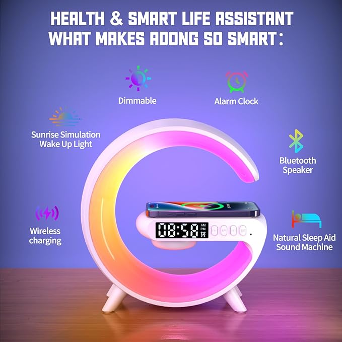 Smart LED Table Lamp, 4-in-1 Wireless Charger Smart Atmosphere Lamp, Night Light, Bluetooth Speaker & Alarm Clock for Bedroom, Office, and Home Decor(White)