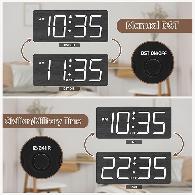 DreamSky Wooden Digital Alarm Clock for Bedroom with Large Numbers | Desk Clock for Living Room Office, Loud Alarm for Heavy Sleepers Adults, Volume Control, Dimmer, DST, Wood Decor (Plug-in)