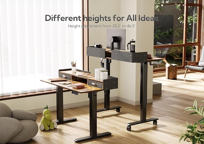 Claiks Standing Desk with Drawers & Wheels, 2 Height Shelf 48" Rustic Brown | 2 height adjust shelf, tabletop drawers, felt fence design, sturdy supports 176 lbs, 4 wheels, 2 tire monitor stand
