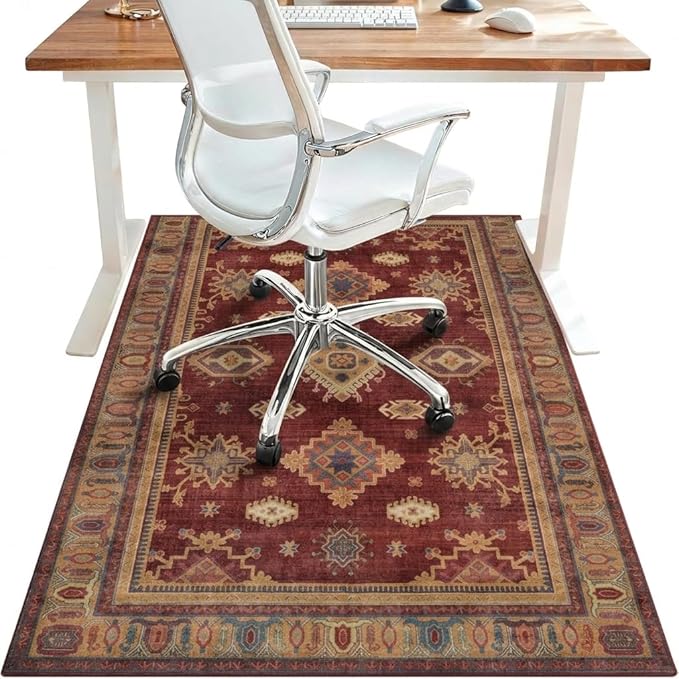 36"x60" Office Chair Mat for Hardwood Tile Floor, Under Desk Carpet Protector for Rolling Computer Chair Mat, Machine Washable Area Rug, Anti-Slip 1/5" Thick Low Pile Thin Vinyl Floor Mat, Crimson