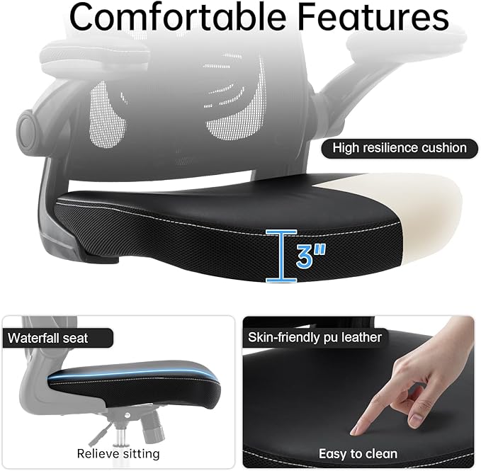 Ergonomic Office Chair Adjustable PU Leather Computer Chair with Lumbar Support,Flip-Up Arms, Breathable Mesh Back, Swivel Rolling Executive Desk Chair for Home Office, Black