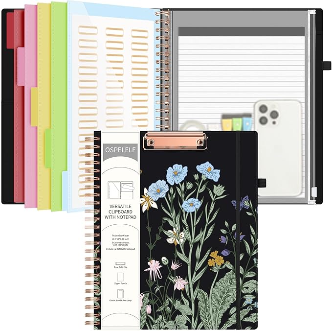 Ospelelf Foldable Spiral Clipboard Folio with with Storage Zipper Pouch, Leather Clipboard Folder with Notepad, 5 Plastic Folders with 10 Pockets, 39 Divider Label Stickers, Pen Loop Series (Bushes)