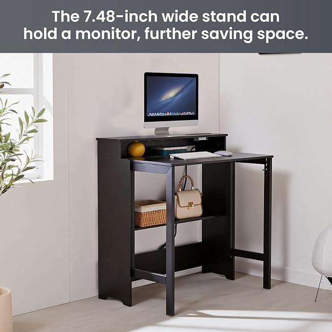 Folding Desk with Charging Station,Fold Out Desk with Monitor Stand,Storage Shelf,Small Foldable Computer Desk for Compact Home Office Spaces (Black)