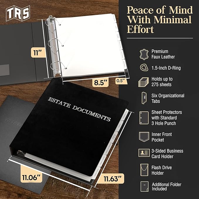TRS Estate Planning Binder Kit – Pre-Labeled Tabs, Sheet Protectors | 1.5" D-Ring Faux Leather Organizer for Wills, Trusts, Power of Attorney & End-of-Life Planning | Black with Silver