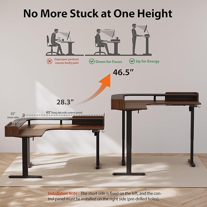 Agilestic L Shaped Standing Desk, Corner Desk with Monitor Shelf, Adjustable Height Gaming Table, Sit Stand Up Table, 63 x 55 Inch Home Office Computer Workstation, Splice Board, Dark Walnut