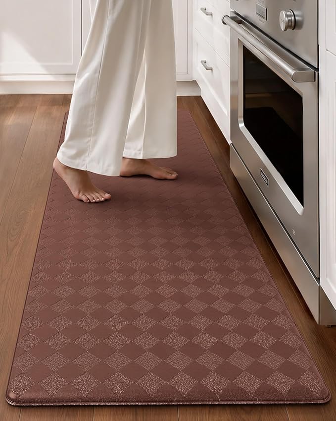 Color&Geometry Checkered Narrow Kitchen Floor Mat Anti Fatigue 17x47, Brown | Waterproof & Oil Proof, Easy Clean PVC Kitchen Rug For Busy Family, 0.4in Thick Cushion For Long Standing, Non Slip