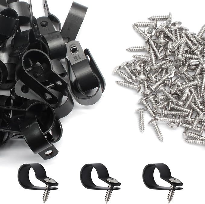 50 Pcs 5/8 Inch Black Nylon Cable Clip Wire Clamp | R-type, 16mm, Stainless Steel Screws Included, Screw Mounting, Wire Management