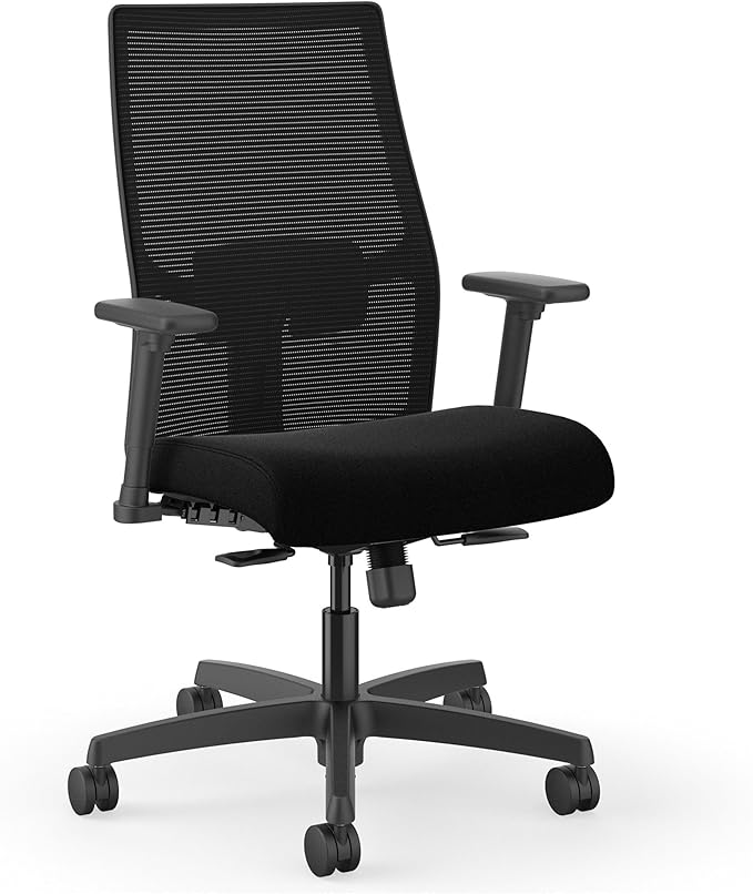 HON Ignition 2.0 Mid‑Back Ergonomic Office Chair, Mesh Task Desk Chair with Lumbar Support, Standard Synchro‑Tilt, Height and Width Adjustable Arms, Black Frame, Black