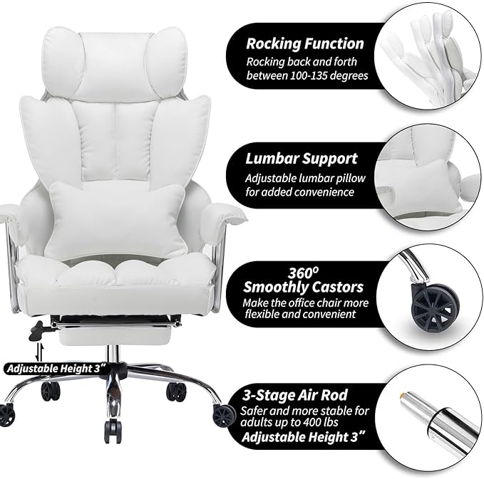 Efomao Big and Tall Office Chair, 400lbs Heavy Duty High Back Executive Chair with 23.6" Extra Wide Seat, PU Leather Desk Chair with Footrest and Padded Armrests, White