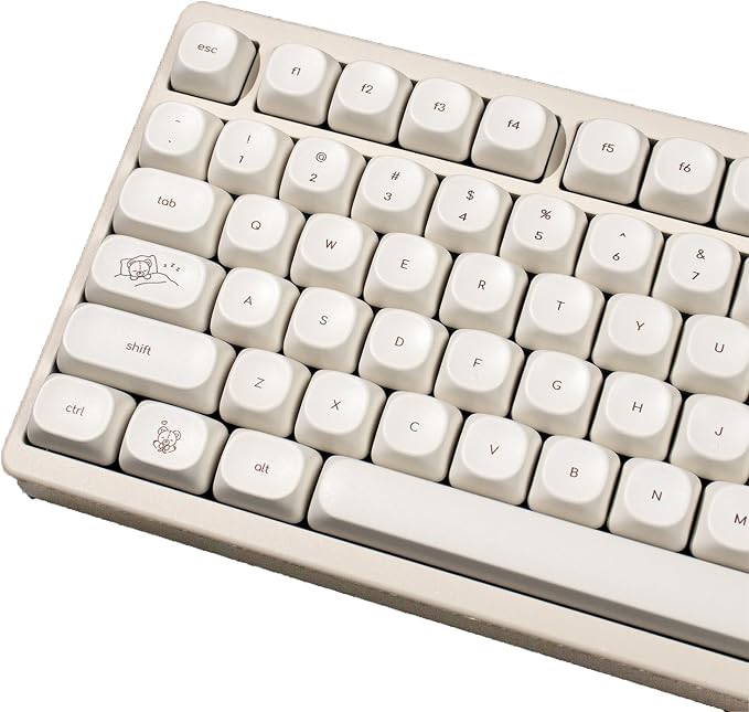 MOA Profile Cute Bear Keycaps, 124keys PBT Keycaps Set, Minimalist White Keyboard Key Caps, Custom Dye Sublimation Keycap for 61/64/68/84/87/100/104/108 Cherry MX Mechanical Keyboards(124 Keys)