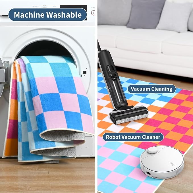 Terrug Multicolored Checkered Rug for Bedroom,3x5 Area Rugs Washable with Non Slip for Living Room,Soft Low Pile Stain Resistance Retro Carpet for Dorm Kids Room