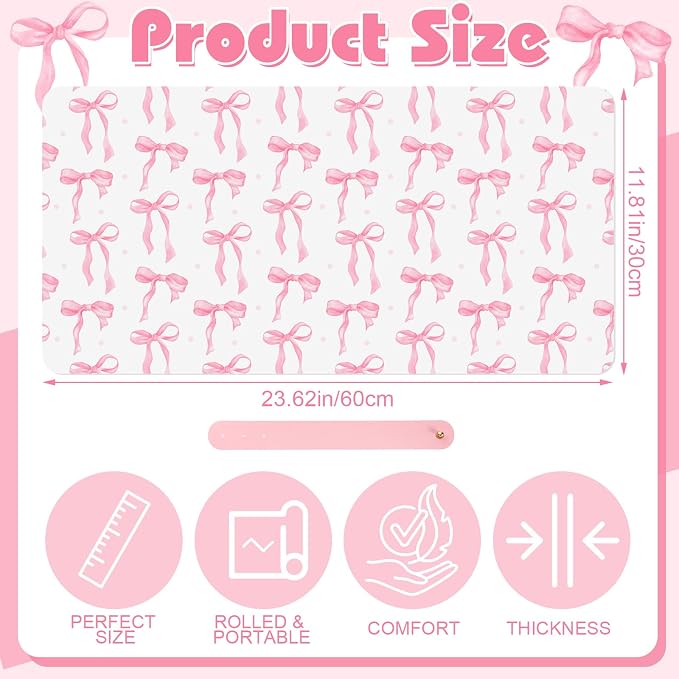 Teenyyou Coquette Bow Makeup Mat for Vanity Top Protector Back to School Gift 23.6" X11.8" Dual Side Leather Desk Mouse Pad Girly Waterproof Nonstick Dressing Vanity Cover for Women Home Office