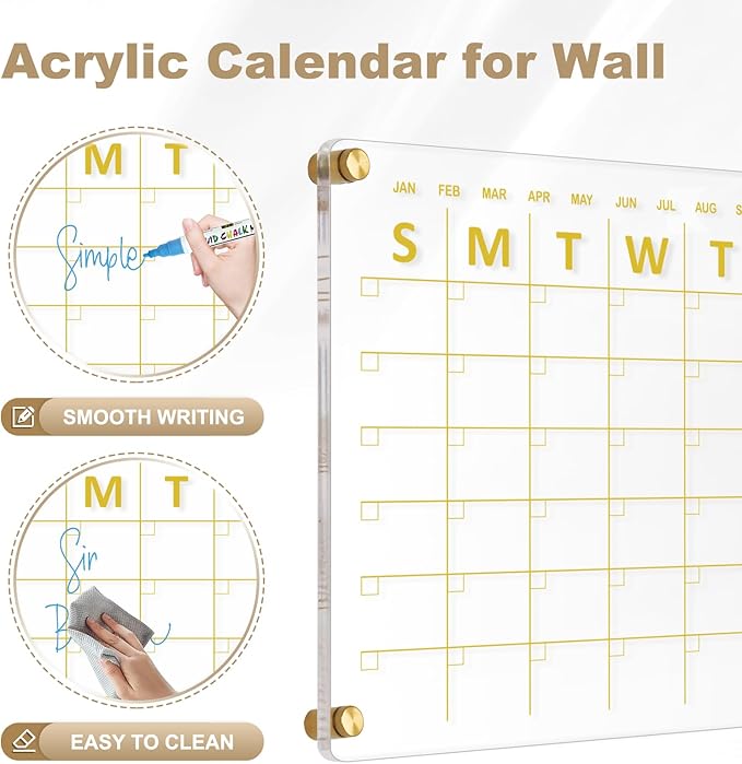 Large Acrylic Calendar for Wall, 24" X 16" Golden Clear Acrylic Wall Calendar, Clear Wet & Dry Erase Calendar Hanging Frameless Monthly Planner for Office, Home or School, 2 Markers