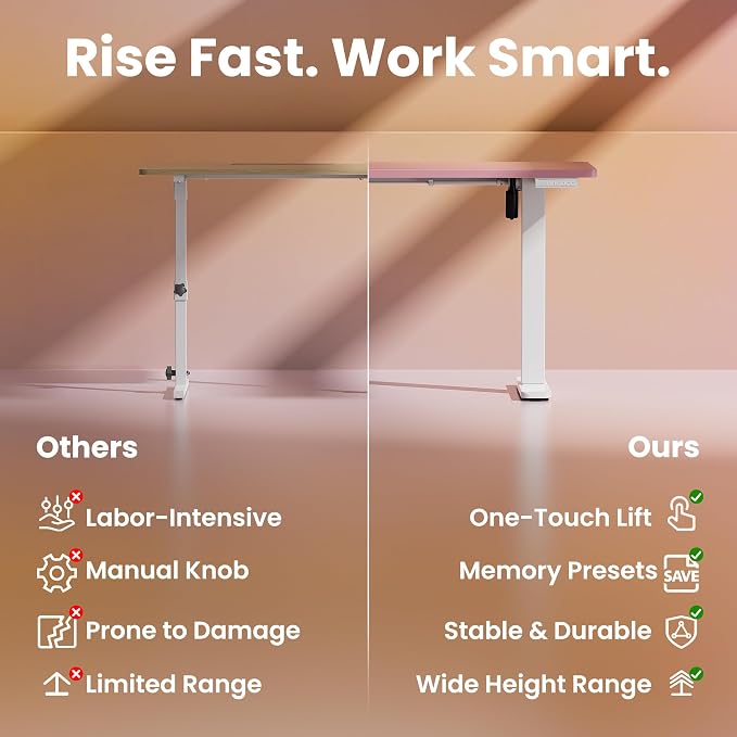 HUANUO Electric Standing Desk, 55" x 28" Height Adjustable Desk, 4 Memory Height Settings, Sit to Stand Up Desk for Home Office, with Headphone Hook, Cable Manager, Pink