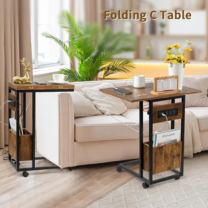 Hadulcet C Shaped End Table with Charging Station & Foldable Tabletop, Folding TV Tray Table with Storage, Laptop Table for Couch, C Table for Sofa, Living Room Bedroom Small Spaces, Rustic Brown