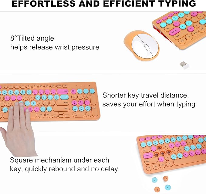 Wireless Keyboard and Mouse Combo, Retro Typewriter Keyboard with Round Keycaps, 2.4GHz USB Cute Wireless Keyboard Mouse for Computer, Desktop, Laptop and Computer (Orange Colorful)