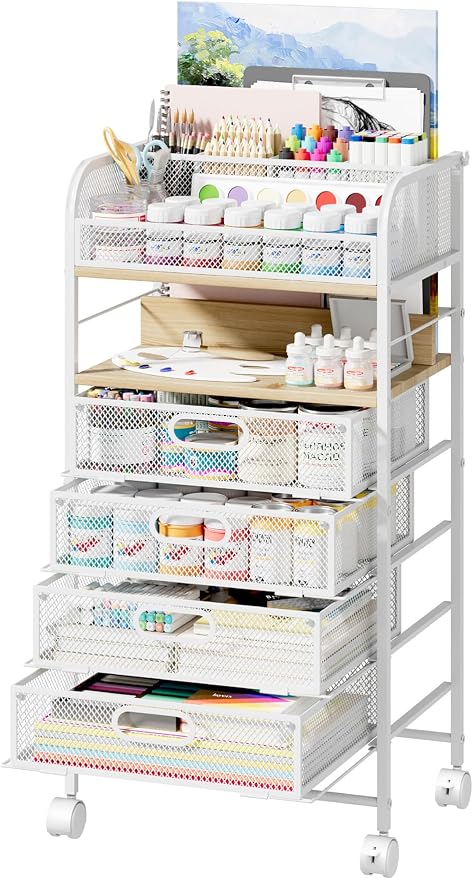 Rolling Art Cart with 4 Drawers, Maple | Art Supplies Organizer, 5-Tier Storage, Adjustable Dividers, Anti-Pull Mesh Drawers, Metal Frame, 4 Casters with 2 Locks