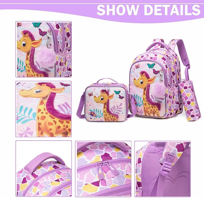 3PCS Backpacks for Girls Large Capacity School Bag with Lunch Box Kids Bookbag Set Travel Bag for Elementary Students Back to School Supplies (12816-3)