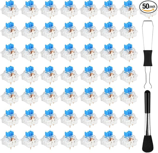 50 Pcs Blue Keyboard Switches, 3-Pin Clicky Tactile Mechanical Keyboard Switches, Complete DIY Replacement Kit with Switch Puller & Brush