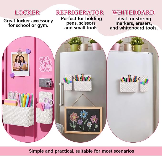 MotiMind 2 Pcs White Bling Magnetic Marker Holder Women Girl Locker Accessories Marker Pen Pencil Holder for Refrigerator Whiteboard Sparkly Gift Desk Organizer for School Office (Pearl)