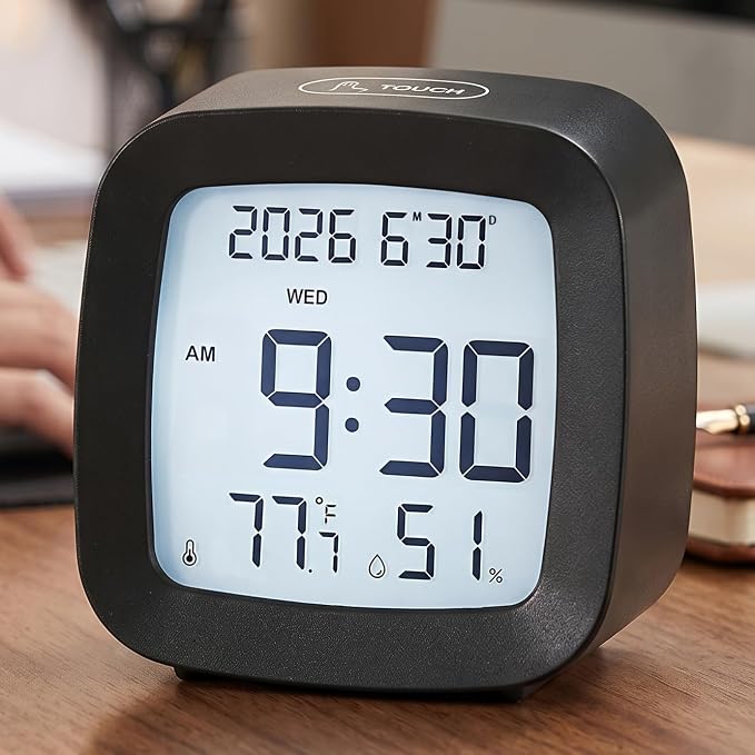 Digital Alarm Clock with Backlight, Snooze, Temp & Humidity Display,Black | Time, Date & Weekday Temperature & Humidity Touch Backlight 5-Minute Snooze,Battery Operation Long Battery Life